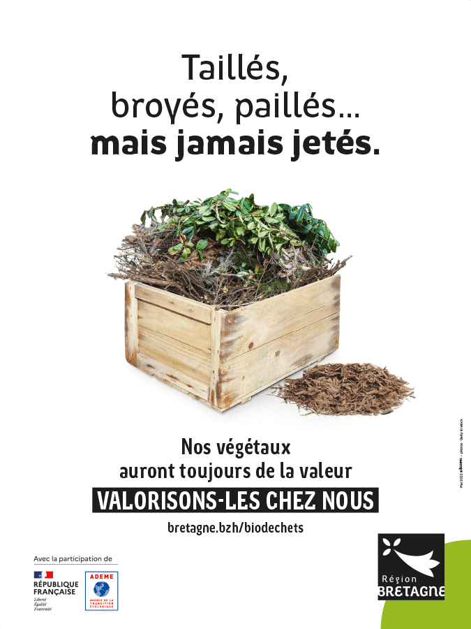 Affiche de la campagne Biodéchets 2022, présentant un composteur rempli de branchages