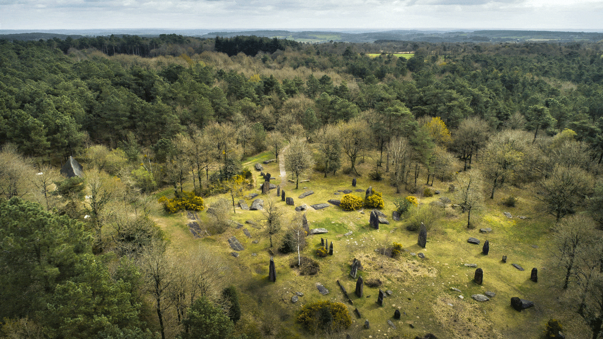 Vue aérienne sur le site mégalithique de la Réserve naturelle régionale de Monteneuf