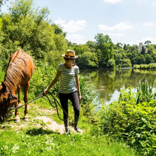 Cavalière et son cheval à Pont-Réan, le long de la Vilaine, sur la commune de Guichen (35)