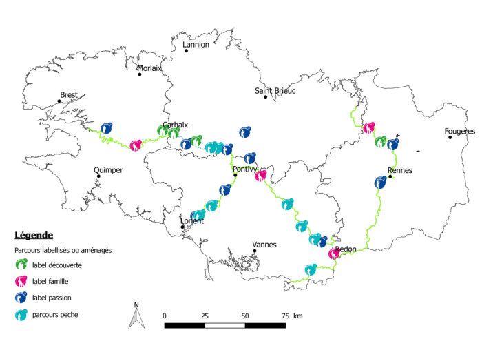 Carte des parcours de pêche le long des canaux labellisés en Bretagne