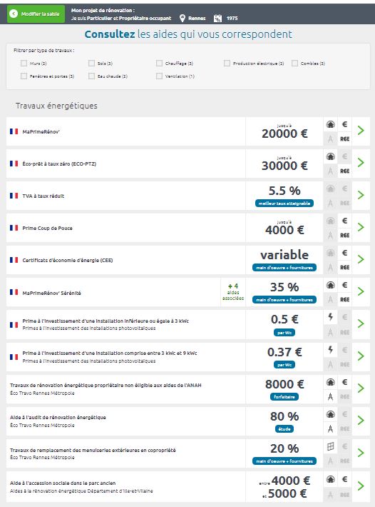 Liste des aides issues du site Aides aux Travaux